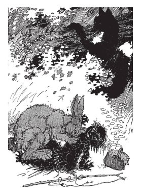 Fox ve kardeşi tavşan, tilki omuz, Bebek, sepet ve sopa zemin, vintage çizgi çizme veya oyma illüstrasyon bir şey tavşan ağaç gövdesi taşıyan bu sahne gösterir