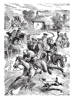 John Gilpin, bu sahneyi birçok kişi atlar ve yürüyen iki kişi, ev ve arka plan, vintage çizgi çizme veya oyma illüstrasyon ağaçlarda sürme gösterir.