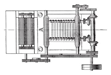 Rulo çizim, vites hareketi gıda silindir, mahmuz dişliler, şerit, vintage oyulmuş illüstrasyon tarçın, Online ders hareketi teşvik. Endüstriyel ansiklopedi E.-O. Lami - 1875