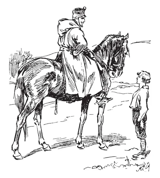 Маленький Ломбард Сентинел Сцена Показывает Человека Скачущего Лошади Маленького Мальчика — стоковый вектор