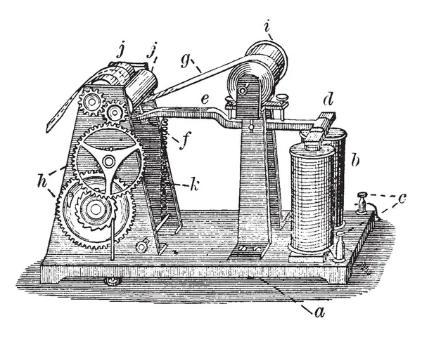本插图代表莫尔斯录音机 用于记录一卷纸上的莫尔斯电码 复古线条画或雕刻插图 — 图库矢量图片