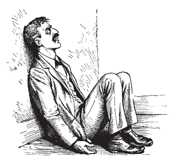 Homem Sentado Encostado Parede Desenho Linha Vintage Gravura Ilustração — Vetor de Stock