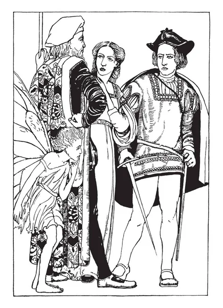 剣と老人と話している若い女性と若い男が 古い男の後ろに立って天使ビンテージ ライン図面または彫刻のイラスト — ストックベクタ