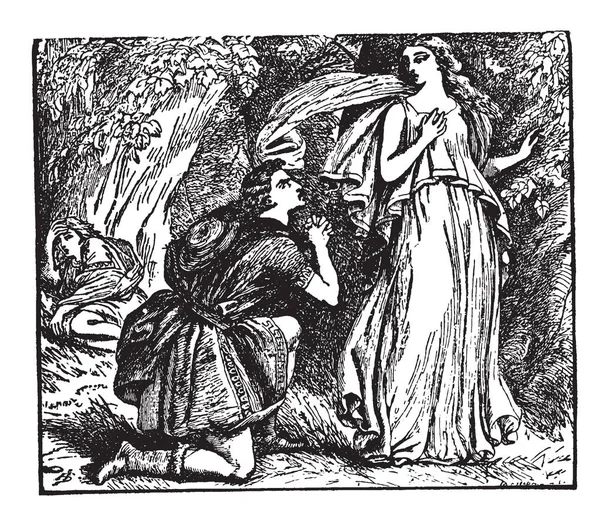 Lysander ve Elena, bu sahneyi yakın ağaç ve onun önünde diz, arka plan, vintage çizgi çizme veya oyma resimde başka bir kadın üzerinde oturan bir adam bir kadın ayakta gösterir