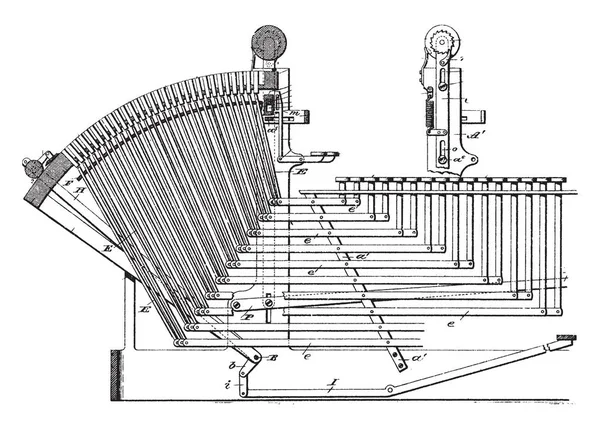 本图表示铸造排字机机是一种用于印刷 复古线条画或雕刻插图的直线铸造机 — 图库矢量图片