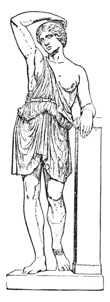 ビンテージ ライン描画 ポールの横に立ってやイラストを彫刻の女性の戦士の図面 — ストックベクタ