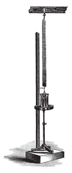 一种用于测量弹簧的伸长或收缩的装置 当连接到两个刻度盘时 浸入水中 复古线条或雕刻插图 — 图库矢量图片
