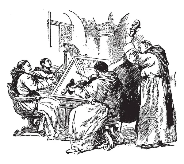 Vier Männer Die Konzert Musikinstrumente Spielen Vintage Linienzeichnung Oder Gravierillustration — Stockvektor