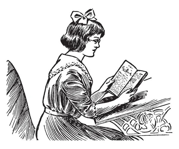 Dívka Čtení Knihy Školní Lavici Literatura Brýle Brýle Vintage Kreslení — Stockový vektor