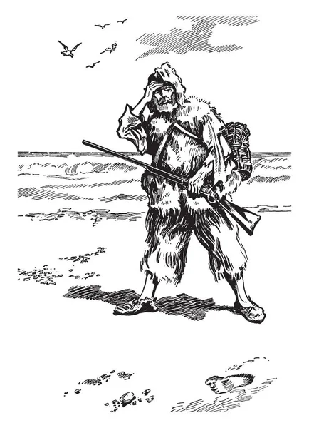 鲁宾逊 克鲁索在水面上 这一幕显示了一个拿着枪的老人 站在海边 复古的线条画或雕刻插图 — 图库矢量图片