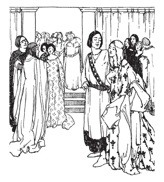 シンデレラ このシーンは 立っていると王と女王 ヴィンテージの線描画や彫刻イラストを見て人々 のグループを示しています — ストックベクタ
