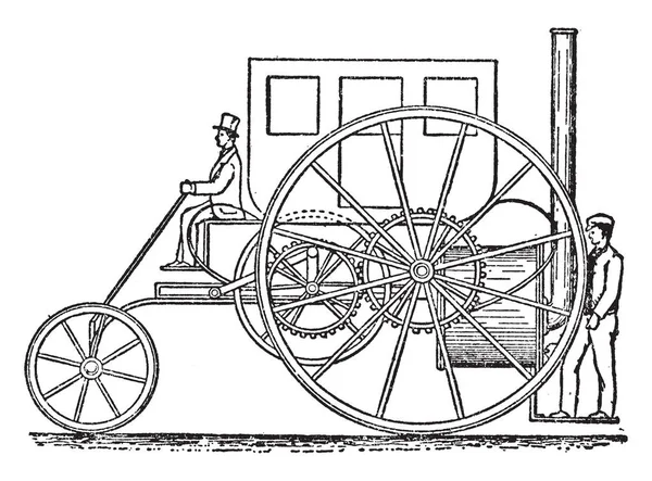 1802 トレビシックの蒸気キャリッジの側面図は回転車輪 ビンテージの線描画やイラストを彫刻の後ろに蒸気機関が運営しております — ストックベクタ