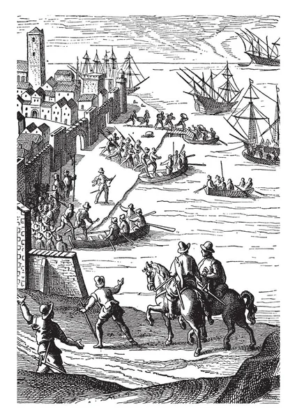在这张照片中 海上有这么多船 有些人在骑马 克里斯托弗 哥伦布在帕洛斯的浮雕 复古线条画或雕刻插图 — 图库矢量图片