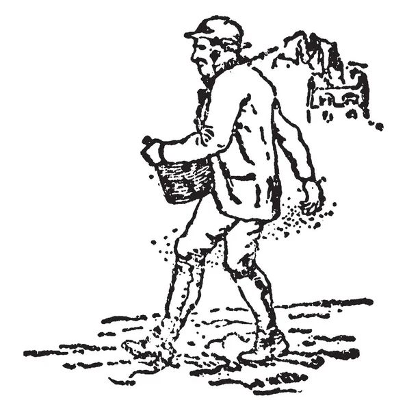 这张照片显示的是一个人背上背着麻袋 左手拿着篮子 用右手在地上摊开一些东西 用复古的线条画或雕刻插图 — 图库矢量图片