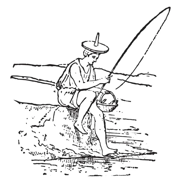 釣り人のヴィンテージ刻まれた図 — ストックベクタ