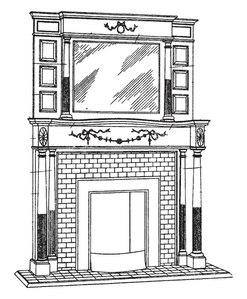 中型砌体壁炉是门框 壁炉架和外部配件 复古线条画或雕刻插图的总称 — 图库矢量图片