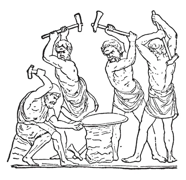 バルカン火ハンマーのアンビル ビンテージの線の描画やイラストを彫刻のローマの神の古代の画像 — ストックベクタ