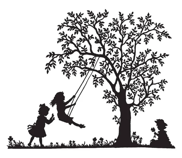 Dvě Dívky Hrají Houpačce Strom Jedna Dívka Sedí Stromu Sbíráme — Stockový vektor