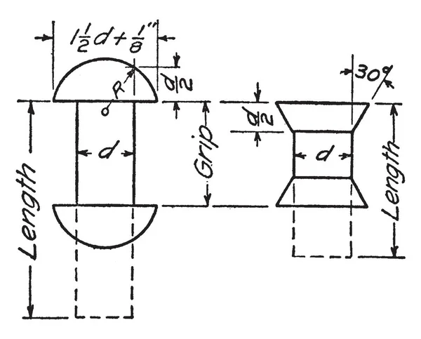 オズボーンのシンボル 大きな図面 ビンテージの線描画や彫刻イラストに適さないリベットの長さを示す図のリベットは 図面のリベットの大きなビュー — ストックベクタ