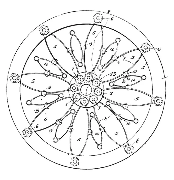 八辐轮这是常见的例子 在运输应用 复古线条画或雕刻插图 — 图库矢量图片