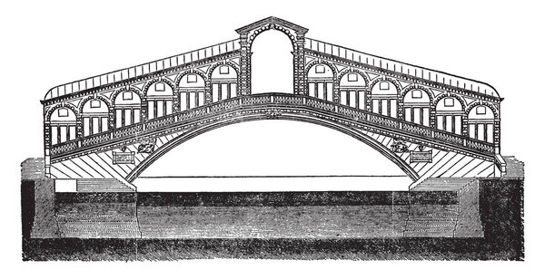 Rialto Bridge is one of the four bridges spanning the Grand Canal in Venice, vintage line drawing or engraving illustration.