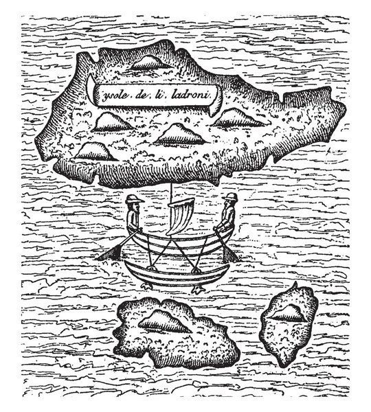 マゼランがこの島々 ビンテージの線の描画や彫刻イラストのグループを発見したラドローンズ諸島 — ストックベクタ