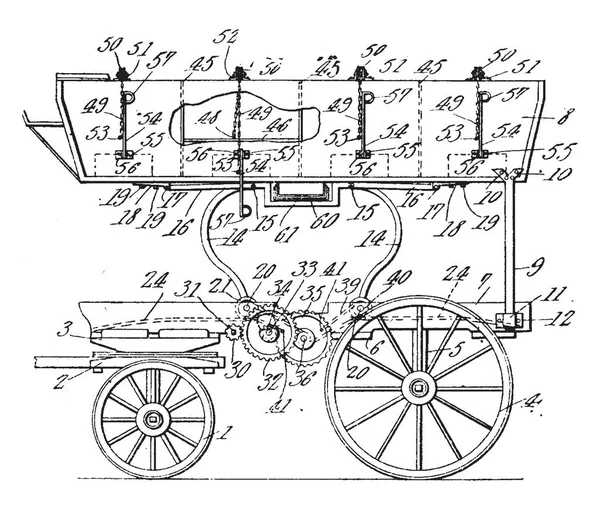 煤旅行车由两个不同的车轮尺寸集组成 便于装卸煤 复古线条画或雕刻插图 — 图库矢量图片