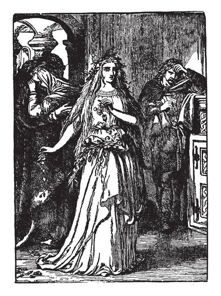 疯狂的奥菲利亚 这个场景显示一位女士站在手捧着花朵 一个人站在她身后保持他的手在头上 复古线条画或雕刻插图 — 图库矢量图片