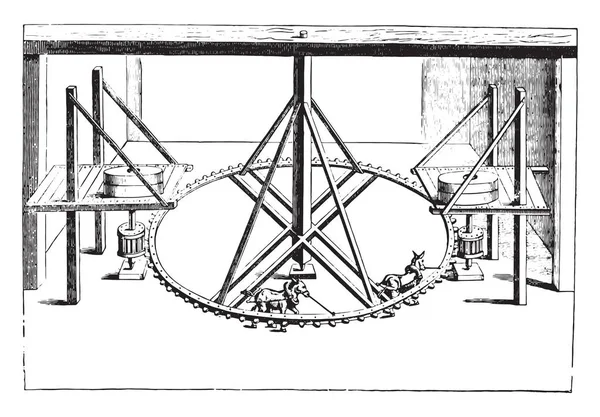 一个老磨坊的透视视图 两对车轮 两个驴驱动 浮士德 Veranzio 老式雕刻插图 工业百科全书 1875 — 图库矢量图片