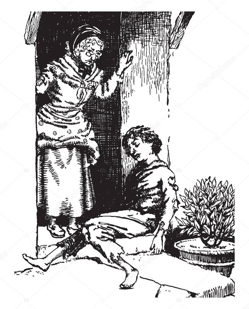 A boy sitting in door and old woman standing near him, potted plant near him, vintage line drawing or engraving illustration
