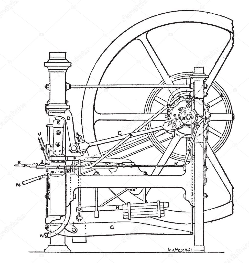 This illustration represents Minting Press from Royal Mint Side View, vintage line drawing or engraving illustration.