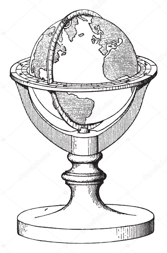 Terrestrial Globe an  artificial sphere,  surface representation of the earth,  social studies, vintage line drawing or engraving illustration.