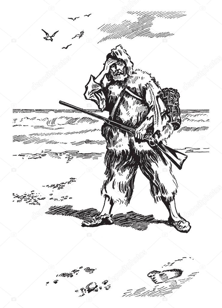 Robinson Crusoe at the water, this scene shows an old man with gun, standing on sea shore, vintage line drawing or engraving illustration