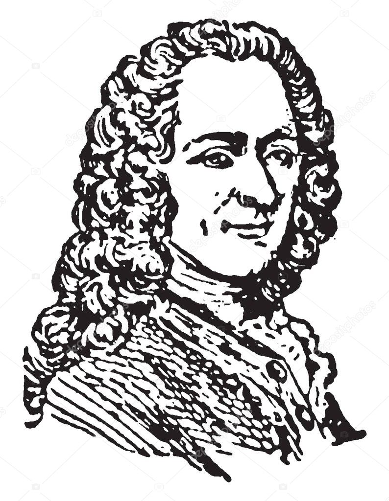 Voltaire (Francois Marie Abouet), 1694-1778, he was a French Enlightenment writer, historian, and philosopher, vintage line drawing or engraving illustration