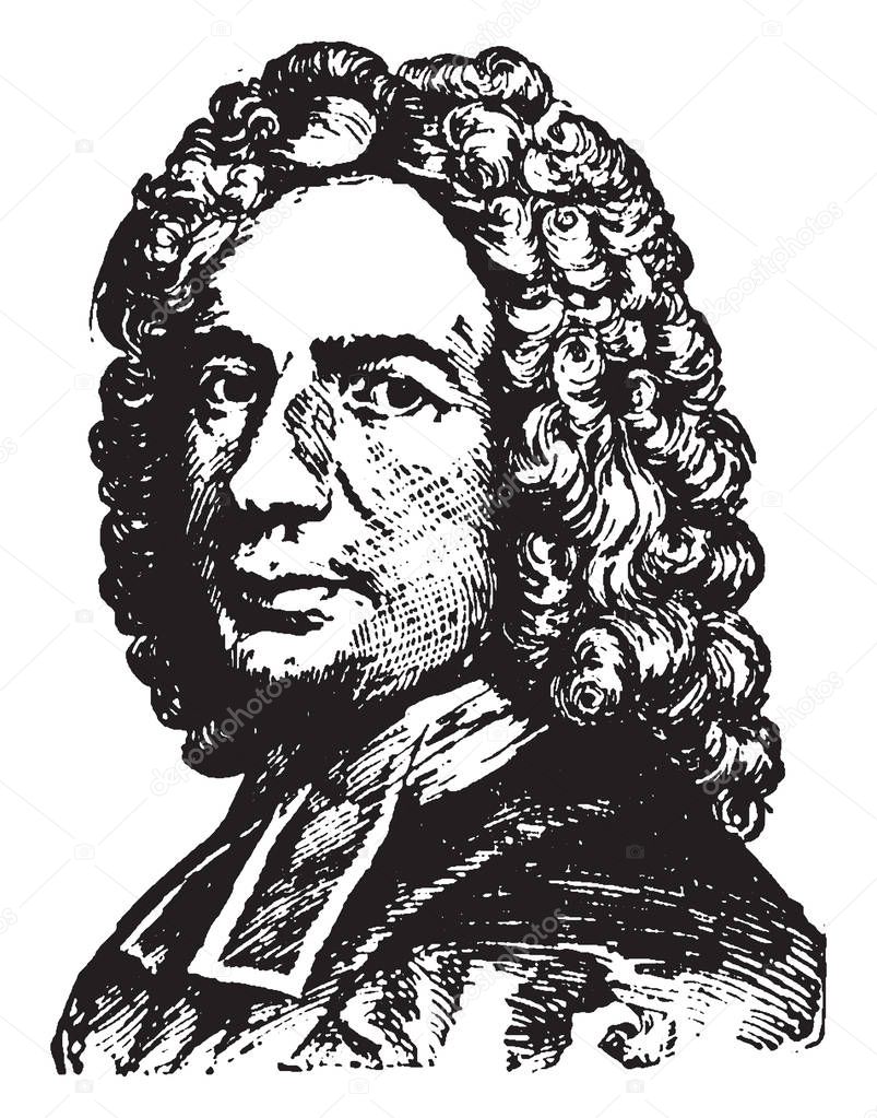 Isaac Watts, 1674-1748, he was an English Christian minister, hymn writer, theologian, and logician, vintage line drawing or engraving illustration