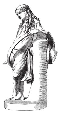 Genç Bayan, vintage çizgi çizme veya oyma illüstrasyon portresi olan Hoop heykel kız.