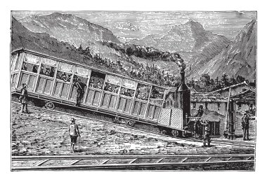 Demiryolu raf Rigi. Lokomotif ve yük araba, vintage illüstrasyon kazınmış. Endüstriyel ansiklopedi E.-O. Lami - 1875