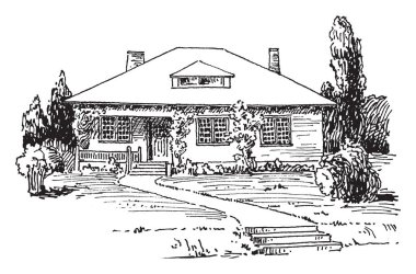 Görüntü Morden Bungalov tasarımını gösterir. Bu çift sundurma yazlık ön duvardaki 3 pencere eşiği ile vardır. Ön bahçede çok ağaç mevcut nerede, vintage çizgi çizme veya oyma resimde bulunan.