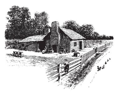 Ahşap Mesaj bileşik duvara sahip eski bir kabin resimde gösterilmektedir. Çocuk duvara tırmanıyor ve ördekler bir iz onu, vintage çizgi çizme veya oyma illüstrasyon arkasında olduğunu.