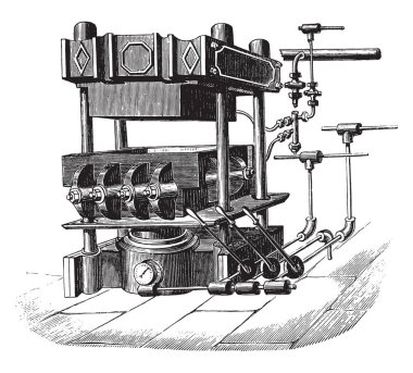 Basın blok makinesi, vintage illüstrasyon kazınmış. Endüstriyel ansiklopedi E.-O. Lami - 1875