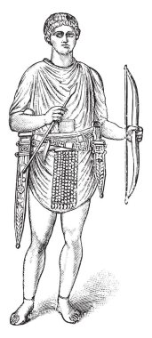 Bir Roma İmparatorluğu, vintage çizgi çizme veya oyma illüstrasyon okçu olduğunu.