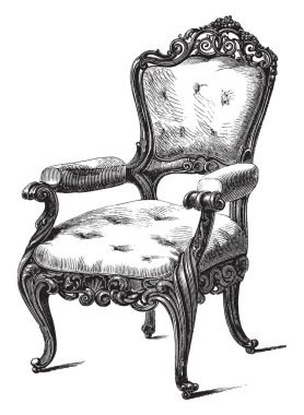 Akasya ağacından oyulmuş sandalye iyi bacak ve oyma merkezi koltuk, üst ve alt sırt, vintage çizgi çizme veya oyma illüstrasyon çevresinde eğimli