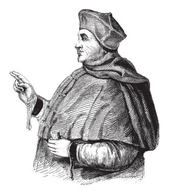 Cardinal Thomas Wolsey, 1473-1530, he was an English churchman, statesman and a cardinal of the Roman catholic church, vintage line drawing or engraving illustration clipart