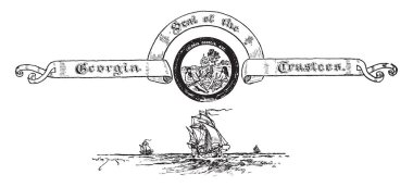 Bir afiş ve mühür için iki adam urns ve baş ve bir mızrak el, vintage çizgi çizme ya da oyma illüstrasyon kap ile yanında oturan koloni Başkanı üzerine oturan bu mührü vardır bir gemi yukarıda Gürcistan Mütevelli Heyeti 