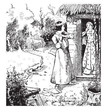 Bu sahne kız gösterir geyik, enchanted kapının yanında ve bir adam onun arka planda, bir geyik önünde taç ayakta bakarak vintage satır çizim veya gravür illüstrasyon