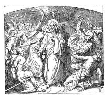 Judas ihanet İsa'yla bir öpücük, bu sahne ortasında duran ve öpücük İsa ve grup spears ve kılıç, başka bir adam, vintage çizim için ateşe yükselterek veya illüstrasyon oyma bir adam tutan adam için çalışan bir adam İsa gösterir