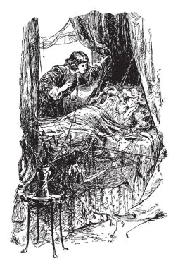 Genç bir kız, yatak ve yatak ona bakmak genç çocuğa üstünde uyumak yatak, vintage çizgi çizme veya oyma illüstrasyon yakınındaki masada kavanoz tuttu