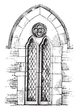 İki ışık lancet tek kalıplama, ya da tek bir numara, en yüksek penceresinde Merkezi, vintage çizgi çizme veya oyma illüstrasyon gruplandırılmış.