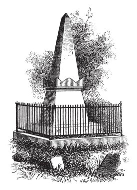 Burada gösterilen mezarın yüzeyine rip kazınmış bir dikilitaş şeklindeki işaretçi, vintage çizgi çizimi veya gravür çizimi.