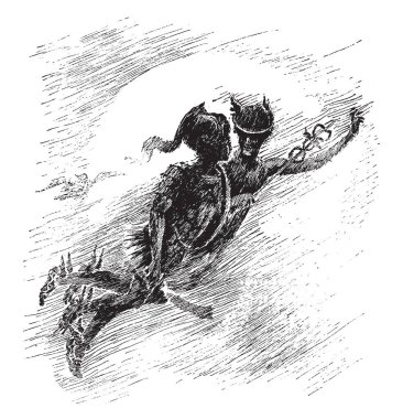 Gorgon'ın, bu sahneyi bir kadın ve erkek birlikte hava, vintage çizgi çizme veya oyma illüstrasyon uçan gösterir